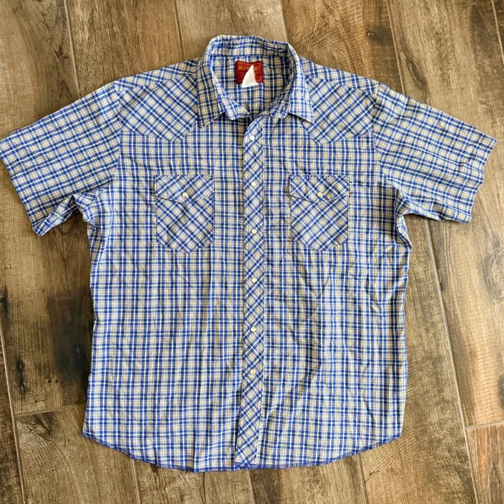 Wrangler Rustler VTG Western Plaid Single‎ Stitch Snap SS Shirt,Blue Yellow,XLT